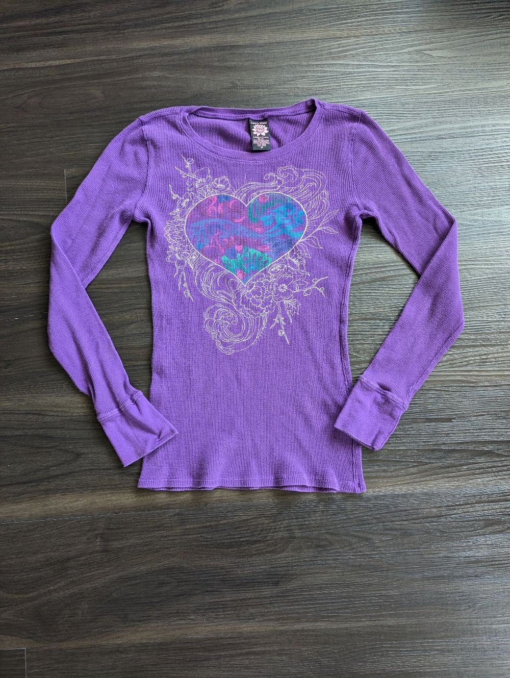 Vintage Y2K Lucky Brand Thermal Graphic Shirt Medium Purple Heart Waffle Knit